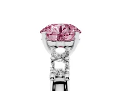 Fancy Pink Round Cut Diamond Five-Stone Prong Set Engagement Ring Set in Silver with Channel Band