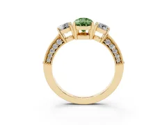 Fancy Green Pear Cut Diamond Three-Stone Ring Set in Yellow gold with Round Side Stones and Pavé Band