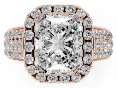 Radiant Cut Diamond Halo Ring Set in Rose gold with Pavé Band and Raised Center Setting