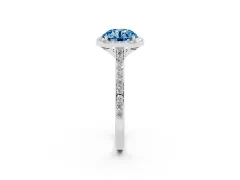 Fancy Blue Round Cut Diamond Halo Engagement Ring Set in Silver with Round Pavé Shoulders and Heart Gallery