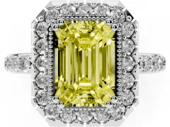 Fancy Yellow Emerald Cut Diamond Halo Ring Set in Platinum with Pavé Shank and Prong Setting