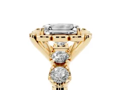 Emerald Cut Diamond Floral Halo Ring Set in Yellow gold with Shared Prong Band