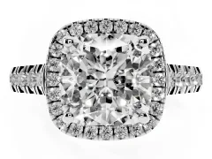 Cushion Cut Diamond Halo Engagement Ring Set in Platinum with Pavé Band and Prong-Set Center