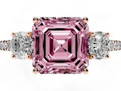 Fancy Pink Asscher Cut Diamond Three-Stone Ring Set in Rose gold with Pavé Band and Graduated Sides