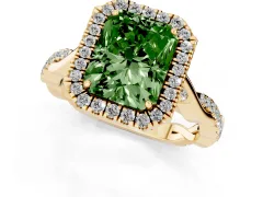 Fancy Green Radiant Cut Diamond Halo Twist Band Solitaire Ring Set in Yellow gold with Prong Setting