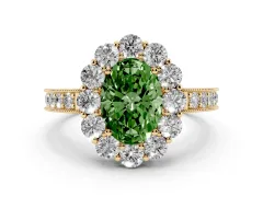 Fancy Green Oval Cut Diamond Halo Pavé Engagement Ring Set in Yellow gold with Milgrain Detailing