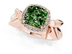 Fancy Green Cushion Cut Diamond Halo Floral Band Ring Set in Rose gold with Prong Setting