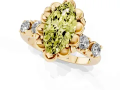 Fancy Yellow Marquise Cut Diamond Floral Halo Ring Set in Yellow gold with Shared Prong Band