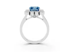 Fancy Blue Asscher Cut Diamond Cluster Halo Ring Set in Platinum with Milgrain Bezel Accents and Plain Band