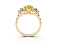 Fancy Yellow Round Cut Diamond Three-Stone Ring Set in Yellow gold with Pavé Band