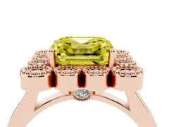 Fancy Yellow Asscher Cut Diamond Cluster Halo Ring Set in Rose gold with Milgrain Bezel Accents and Plain Band