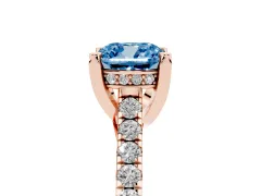 Fancy Blue Cushion Cut Diamond Solitaire Ring Set in Rose gold with Brilliant Pavé Band and Prong Setting