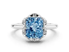 Fancy Blue Radiant Cut Diamond Round Cluster Halo Ring Set in Platinum with Solitaire Band and Prong Setting
