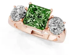 Fancy Green Princess Cut Diamond Three-Stone Ring Set in Rose gold with Round Side Stones and Classic Band