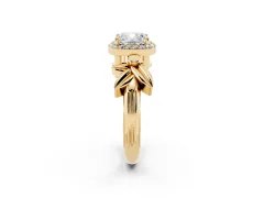 Cushion Cut Diamond Halo Floral Band Ring Set in Yellow gold with Prong Setting