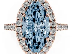 Fancy Blue Marquise Cut Diamond Halo Pavé Engagement Ring Set in Rose gold with Prong Setting