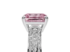Fancy Pink Emerald Cut Diamond Solitaire Ring Set in Platinum with Multi-Row Round Pavé Band and Prong Setting