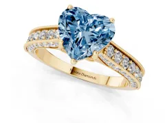 Fancy Blue Heart Cut Diamond Solitaire Ring Set in Yellow gold with Milgrain-Edged Pavé Band and Prong Setting