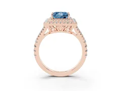 Fancy Blue Princess Cut Diamond Double Halo Ring Set in Rose gold with Pavé Band