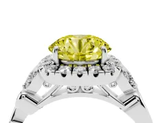 Fancy Yellow Round Cut Diamond Halo Engagement Ring Set in Platinum with Vintage-Inspired Band and Prong Setting