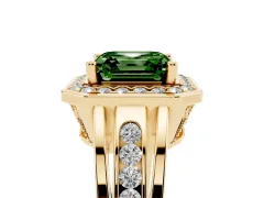 Fancy Green Asscher Cut Diamond Halo Ring Set in Yellow gold with Pavé and Bezel Accent Split Shank