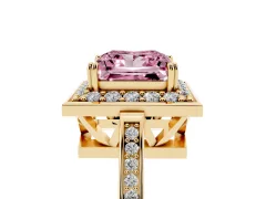 Fancy Pink Princess Cut Diamond Halo Ring Set in Yellow gold with Accent-Lined Split Shank and Prong Setting