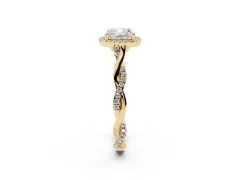 Cushion Cut Diamond Halo Twist Band Solitaire Ring Set in Yellow gold with Prong Setting
