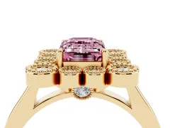 Fancy Pink Emerald Cut Diamond Cluster Halo Ring Set in Yellow gold with Milgrain Bezel Accents and Plain Band