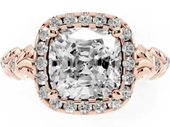 Cushion Cut Diamond Halo Ring Set in Rose gold with Filigree Leaf Band and Prong Setting