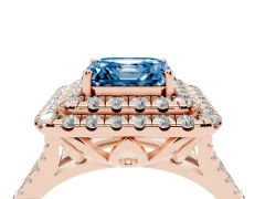 Fancy Blue Asscher Cut Diamond Double Halo Ring Set in Rose gold with Pavé Split Shank and Prong Setting