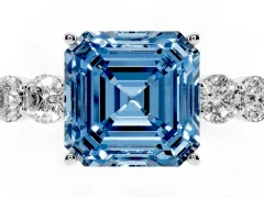 Fancy Blue Asscher Cut Diamond Five-Stone Prong Set Band Ring Set in White gold with Polished Band