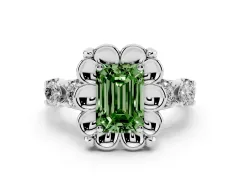Fancy Green Emerald Cut Diamond Floral Halo Ring Set in Silver with Shared Prong Band