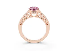 Fancy Pink Round Cut Diamond Halo Ring Set in Rose gold with Channel Set Band and Prong Setting
