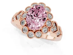 Fancy Pink Oval Cut Diamond Solitaire Ring Set in Rose gold with Milgrain Pavé Heart Band