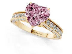 Fancy Pink Heart Cut Diamond Solitaire Ring Set in Yellow gold with Milgrain-Edged Pavé Band and Prong Setting
