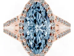 Fancy Blue Marquise Cut Diamond Halo Split Shank Pavé Ring Set in Rose gold with Prong Setting