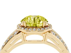 Fancy Yellow Round Cut Diamond Halo Ring Set in Yellow gold with Double Pavé Split Shank