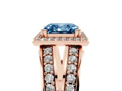 Fancy Blue Asscher Cut Diamond Halo Ring Set in Rose gold with Double Pavé Split Shank