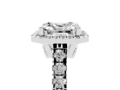 Asscher Cut Diamond Halo Engagement Ring Set in White gold with Pavé Band and Prong-Set Center