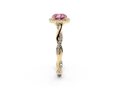 Fancy Pink Cushion Cut Diamond Halo Twist Band Solitaire Ring Set in Yellow gold with Prong Setting