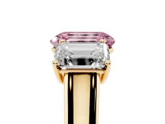 Fancy Pink Emerald Cut Diamond Three-Stone Ring Set in Yellow gold with Plain Polished Band