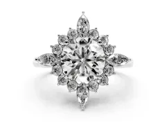 Round Cut Diamond Cluster Halo Ring Set in Silver with Marquise and Round Accents