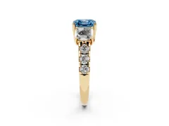 Fancy Blue Asscher Cut Diamond Three-Stone Ring Set in Yellow gold with Pavé Band