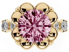 Fancy Pink Round Cut Diamond Floral Halo Ring Set in Yellow gold with Shared Prong Band