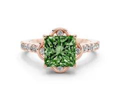 Fancy Green Princess Cut Diamond Solitaire Ring Set in Rose gold with Pavé Band and Floral Prong Setting