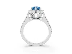 Fancy Blue Radiant Cut Diamond Floral Halo Split Shank Engagement Ring Set in Silver with Pavé Shank