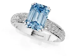 Fancy Blue Emerald Cut Diamond Solitaire Ring Set in White gold with Multi-Row Round Pavé Band and Prong Setting