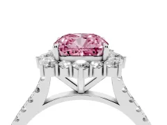 Fancy Pink Cushion Cut Diamond Halo Ring Set in Platinum with Pavé Band and Prong Setting