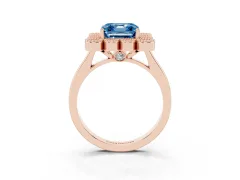 Fancy Blue Asscher Cut Diamond Cluster Halo Ring Set in Rose gold with Milgrain Bezel Accents and Plain Band