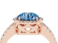 Fancy Blue Round Cut Diamond Halo Ring Set in Rose gold with Pavé Shoulders and Halo-Framed Center